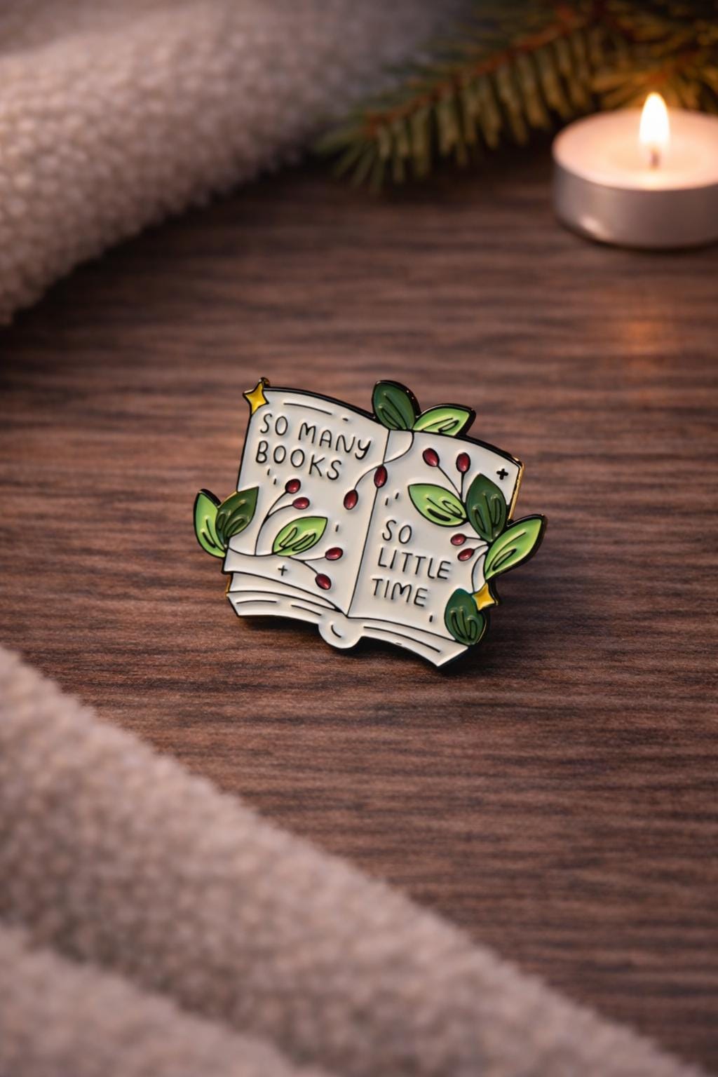 So Many Books Enamel Pin | Open Book Literary Badge (30mm x 24mm)