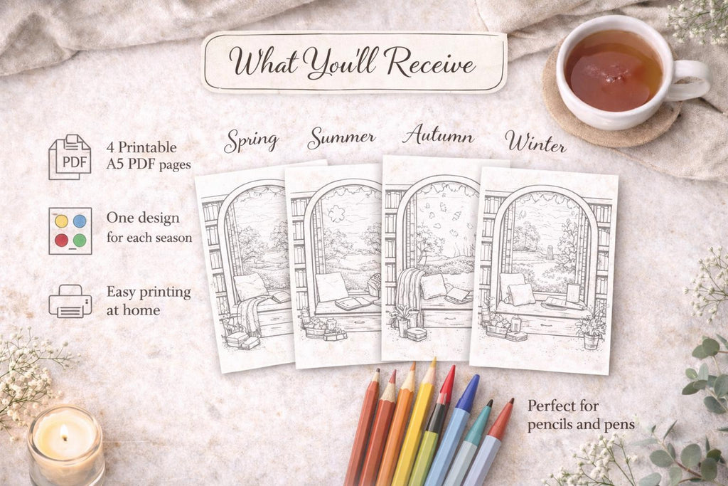Seasonal Reading Colouring Pages | Cosy Book Lover A5 Printables (PDF Download)