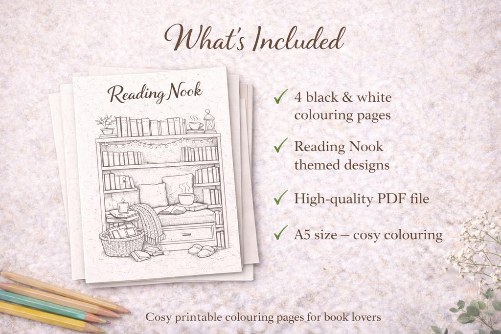 Reading Nook Colouring Pages | Cosy Book Lover A5 Printables (PDF Download)