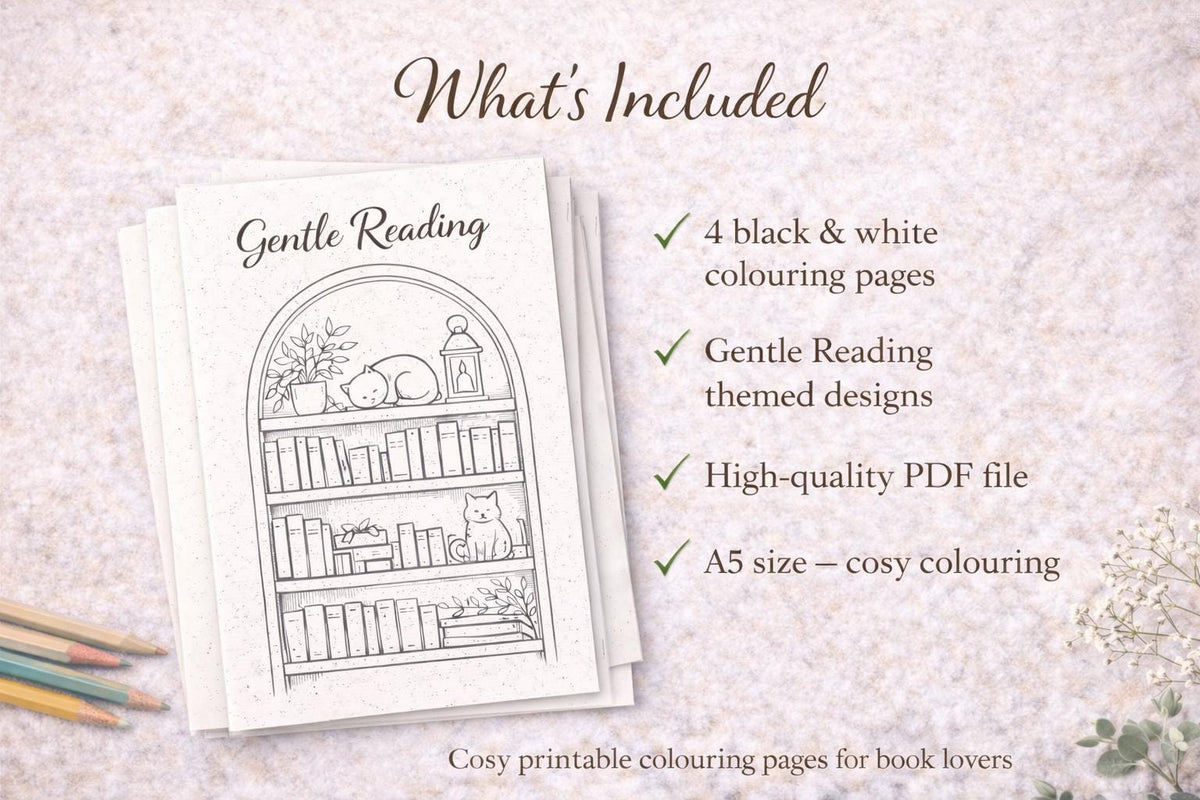 Cosy Bookshelf Colouring Pages | Relaxing A5 Printable (PDF Download)