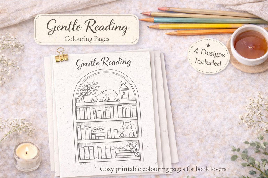 Cosy Bookshelf Colouring Pages | Relaxing A5 Printable (PDF Download)