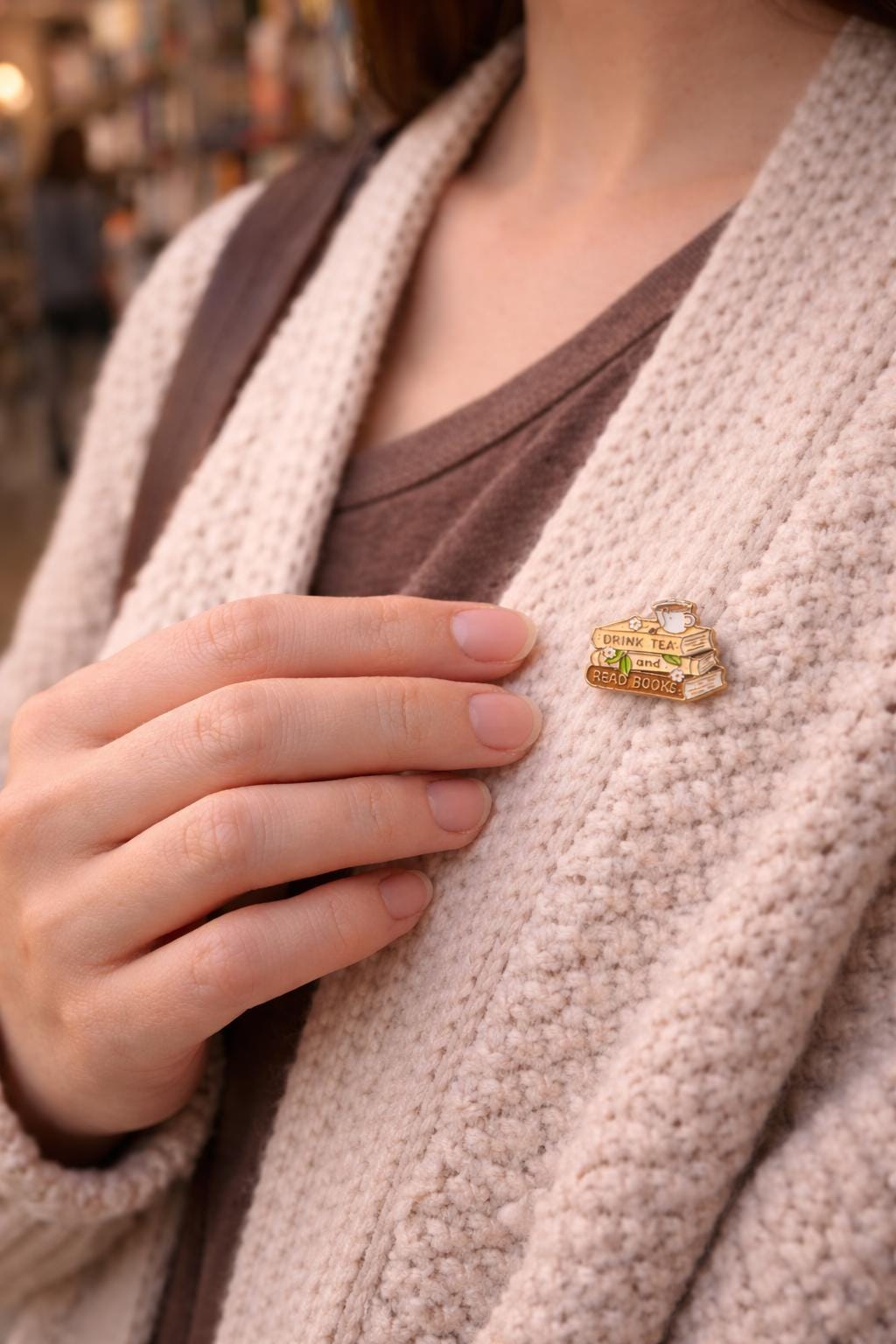 Drink Tea Read Books Enamel Pin | Stack of Books Cozy Reader Accessory