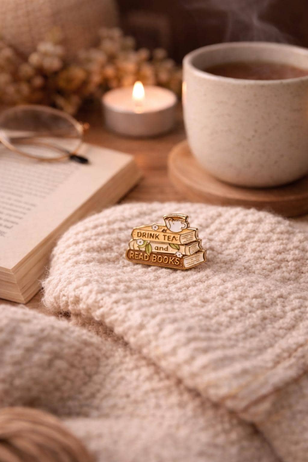 Drink Tea Read Books Enamel Pin | Stack of Books Cozy Reader Accessory