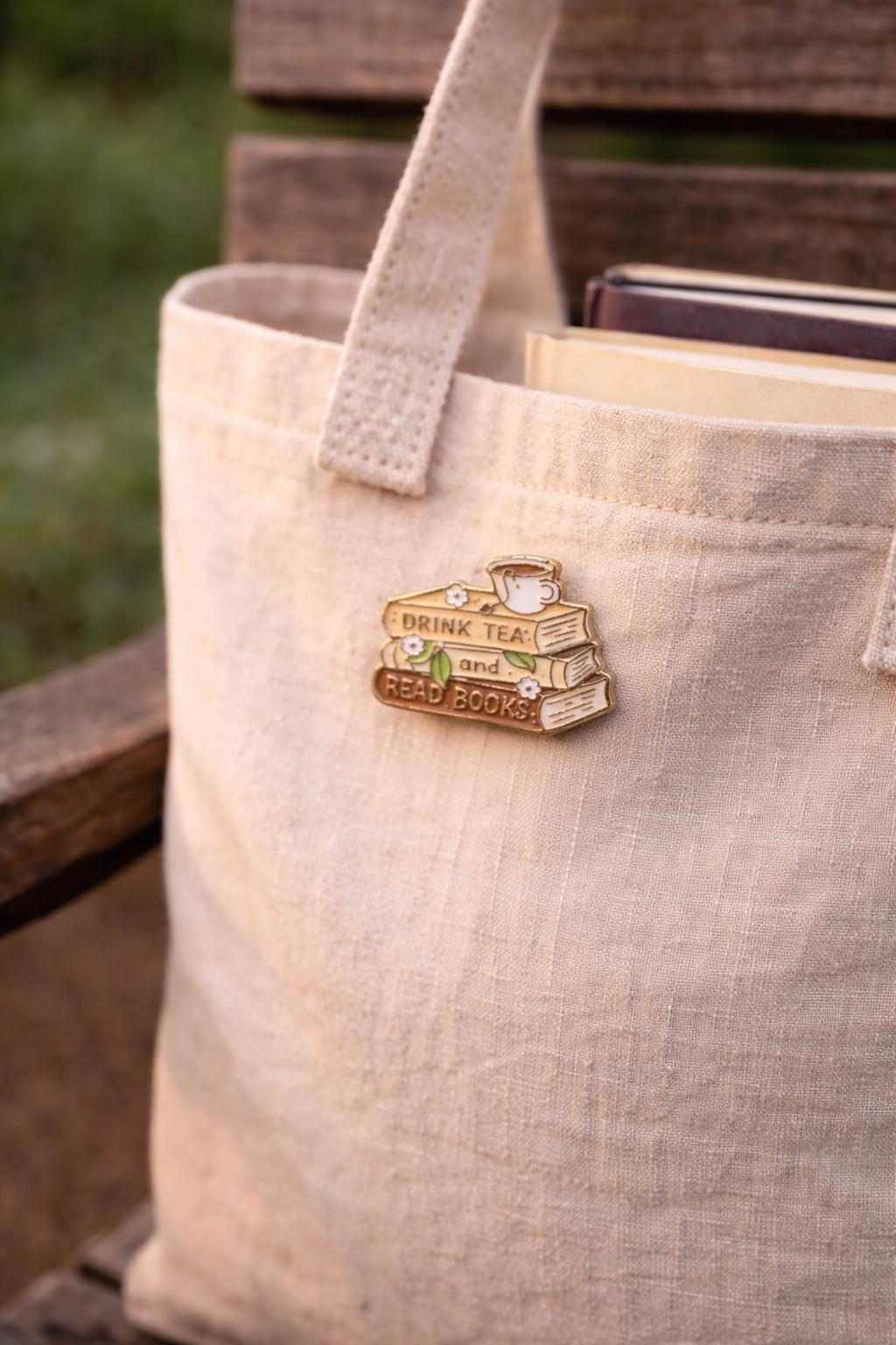 Drink Tea Read Books Enamel Pin | Stack of Books Cozy Reader Accessory