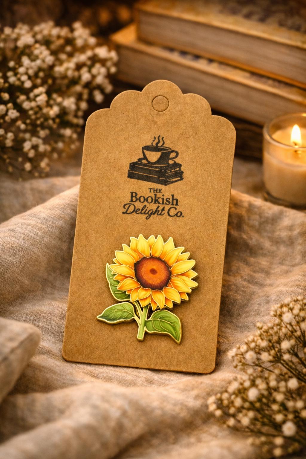 Sunflower Enamel Pin | Gold-Tone Outline Floral Badge (28mm x 33mm)