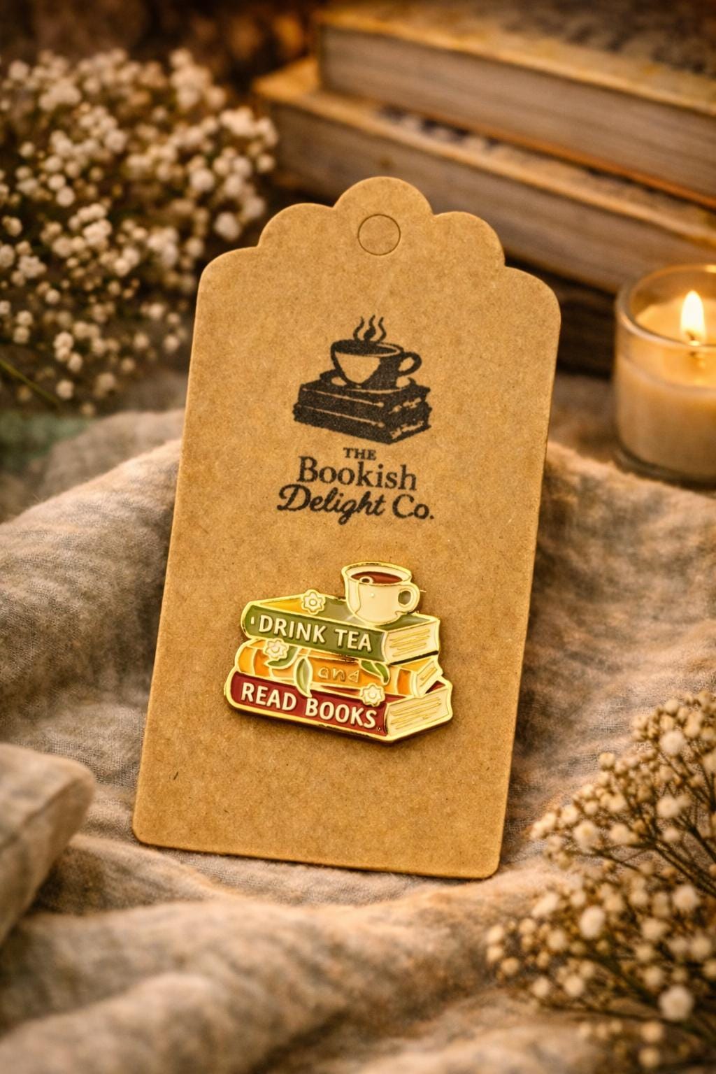 Drink Tea Read Books Enamel Pin | Stack of Books Cozy Reader Accessory