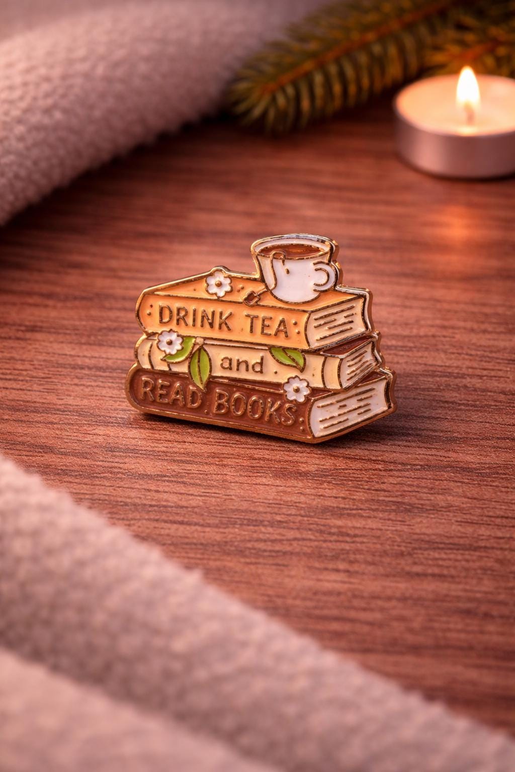 Drink Tea Read Books Enamel Pin | Stack of Books Cozy Reader Accessory
