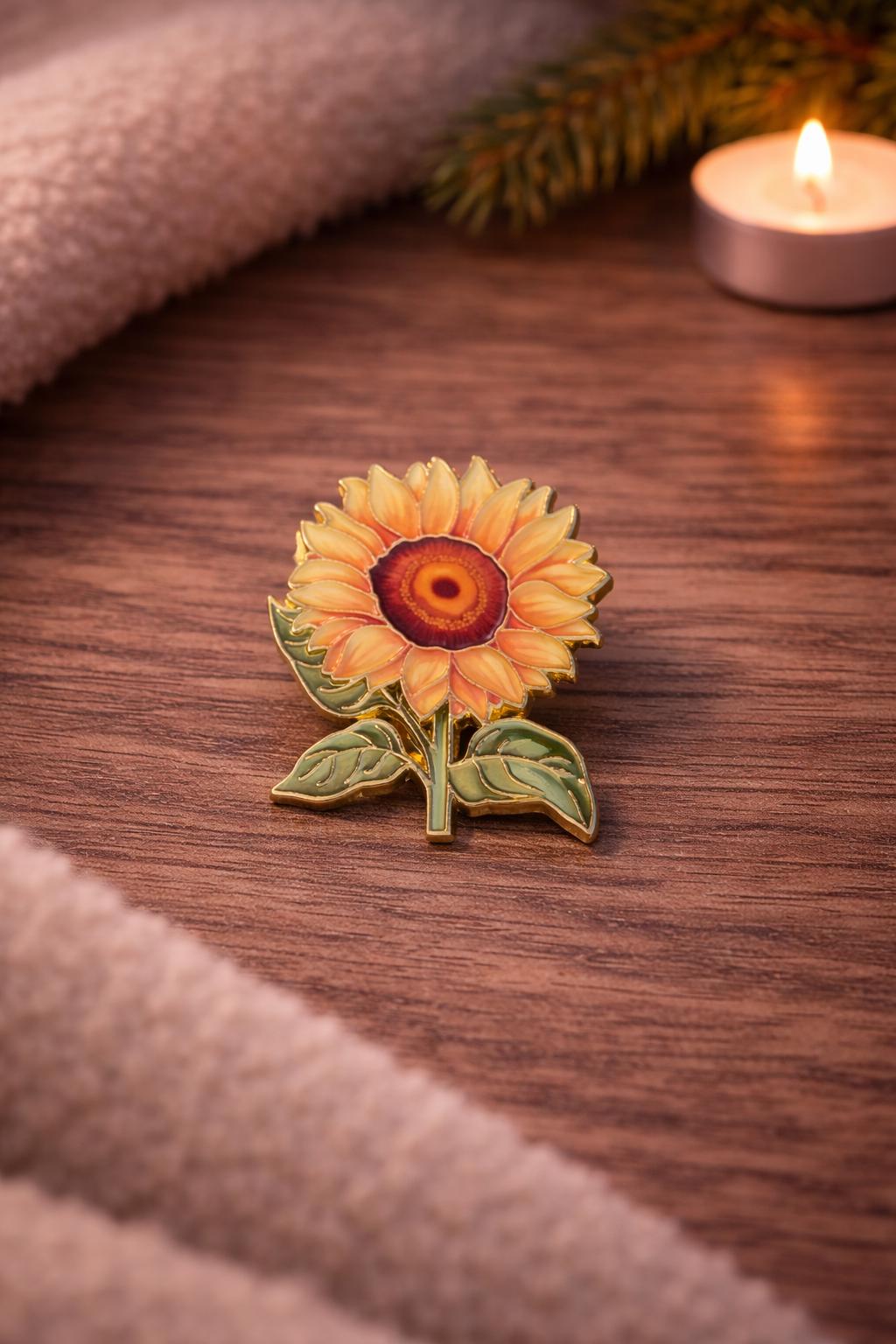 Sunflower Enamel Pin | Gold-Tone Outline Floral Badge (28mm x 33mm)
