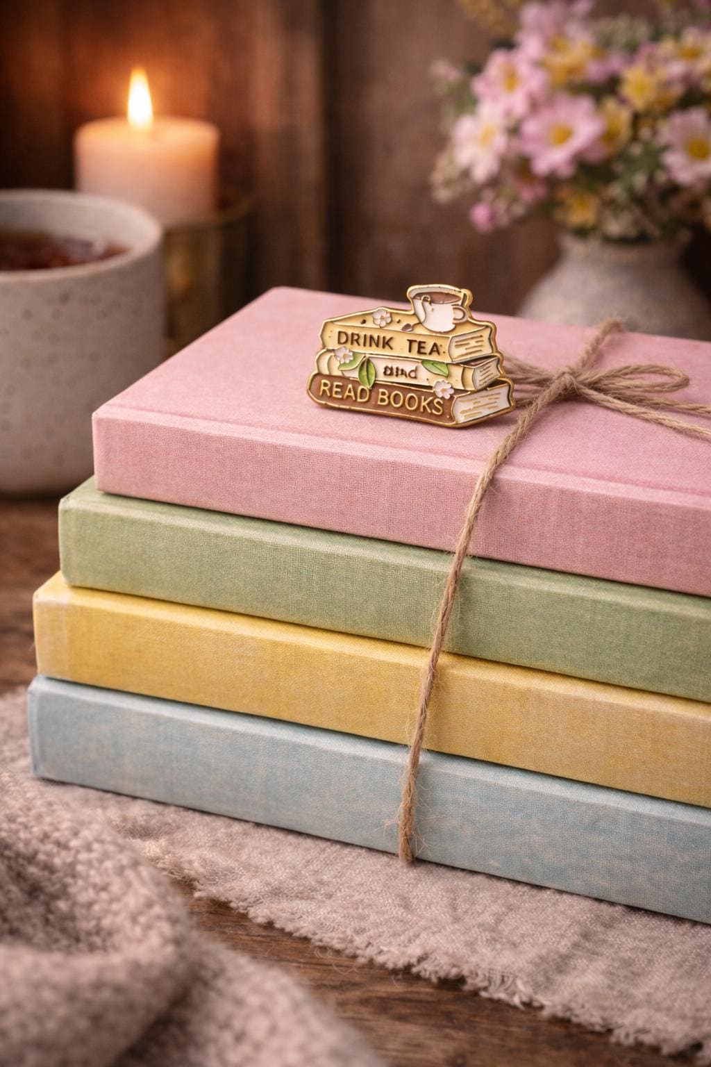 Drink Tea Read Books Enamel Pin | Stack of Books Cozy Reader Accessory