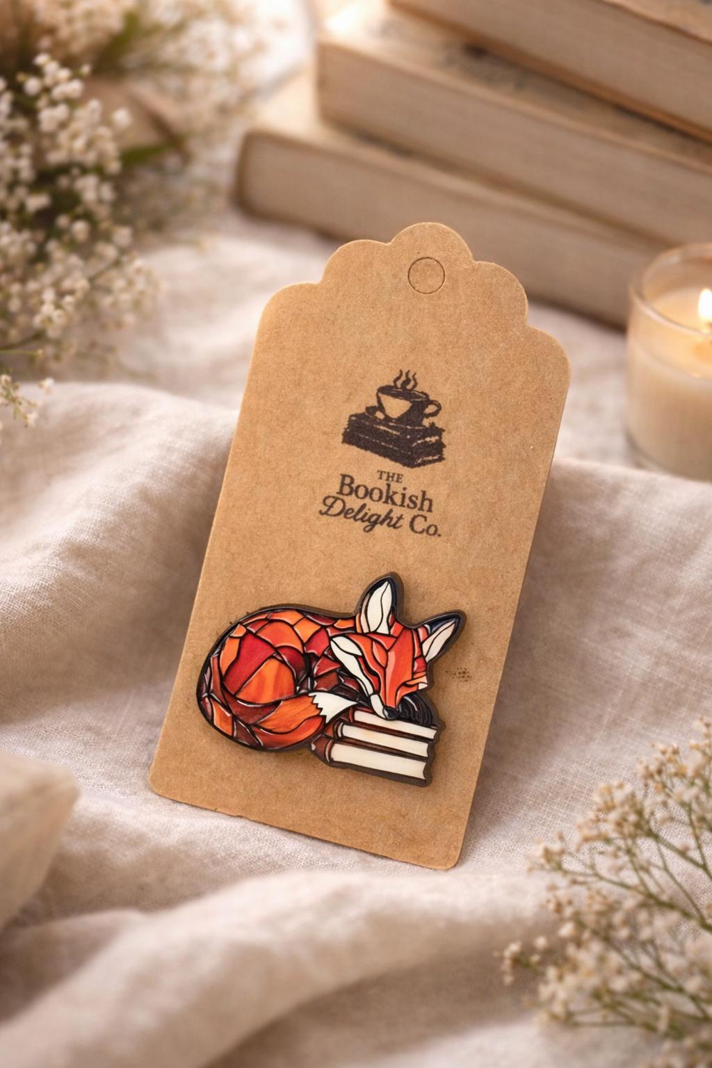 Sleeping Fox Enamel Pin | Cosy Reader Woodland Animal Book Lover Gift