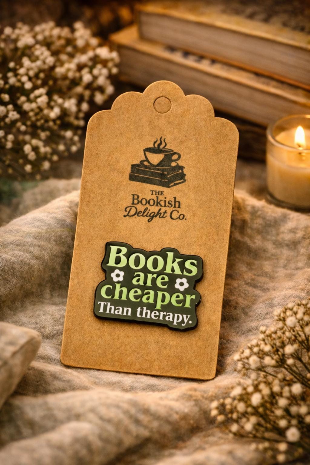 Books Cheaper Than Therapy Enamel Pin | Reader Humor Badge | Book Lover Gift