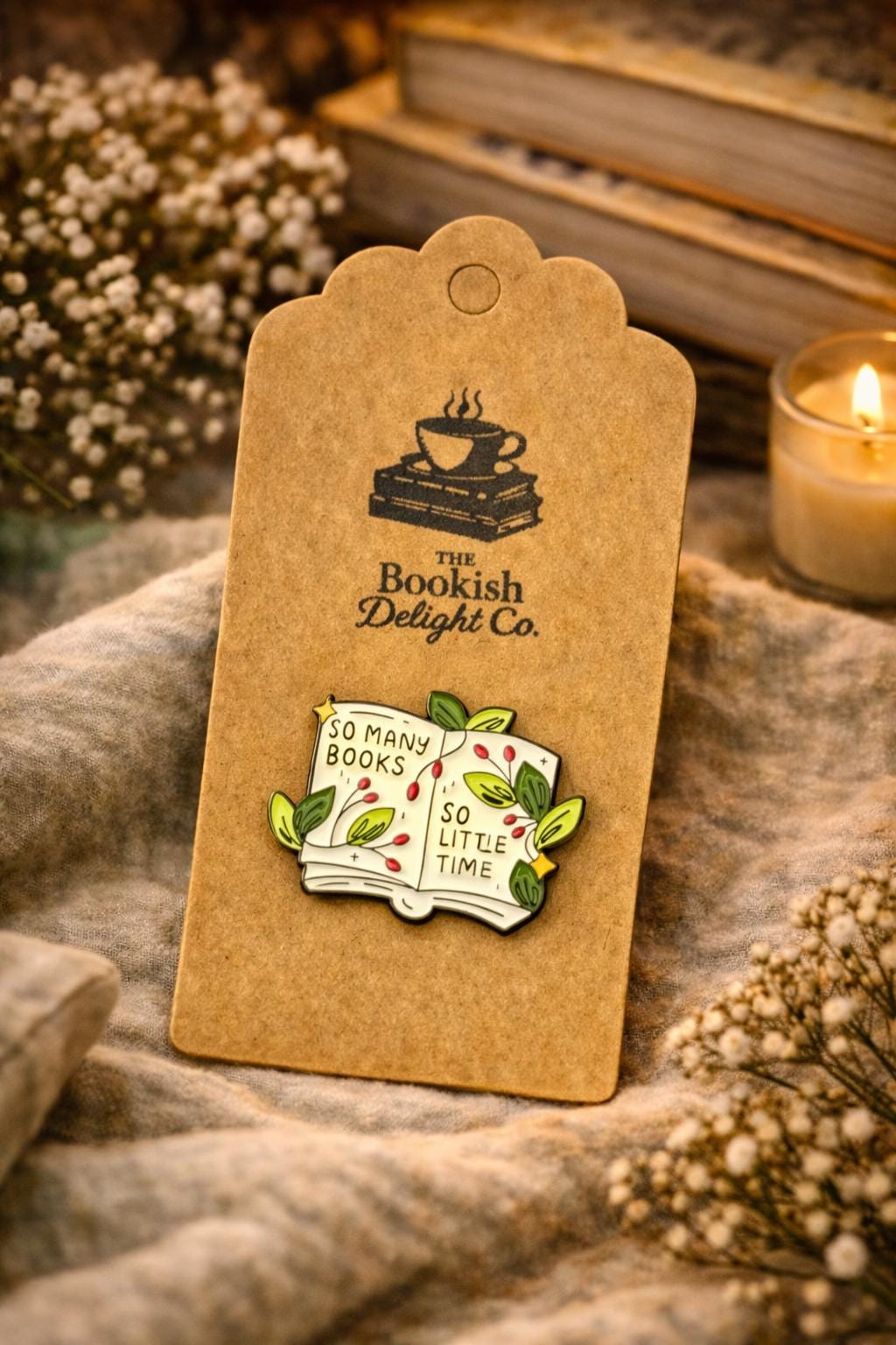 So Many Books Enamel Pin | Open Book Literary Badge (30mm x 24mm)