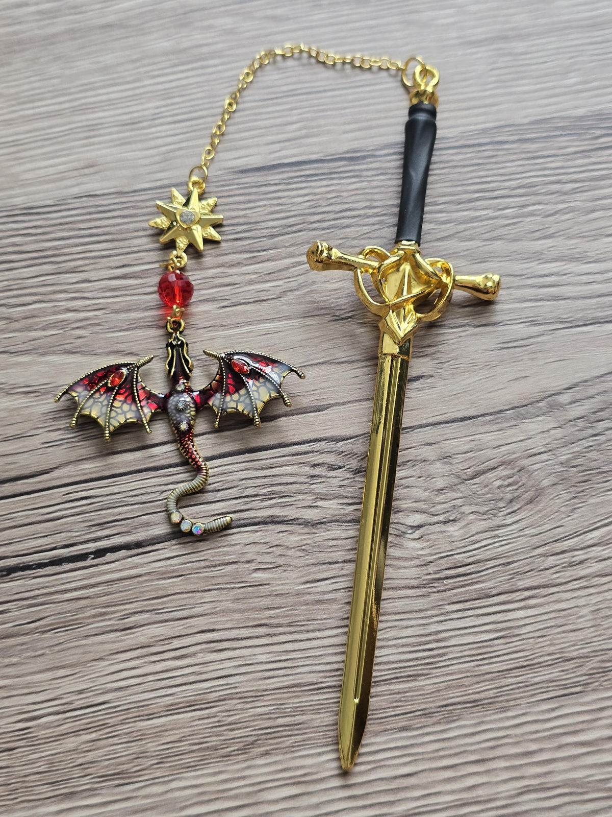 Sword & Dragon Bookmark  Fantasy Metal Bookmark with Charm