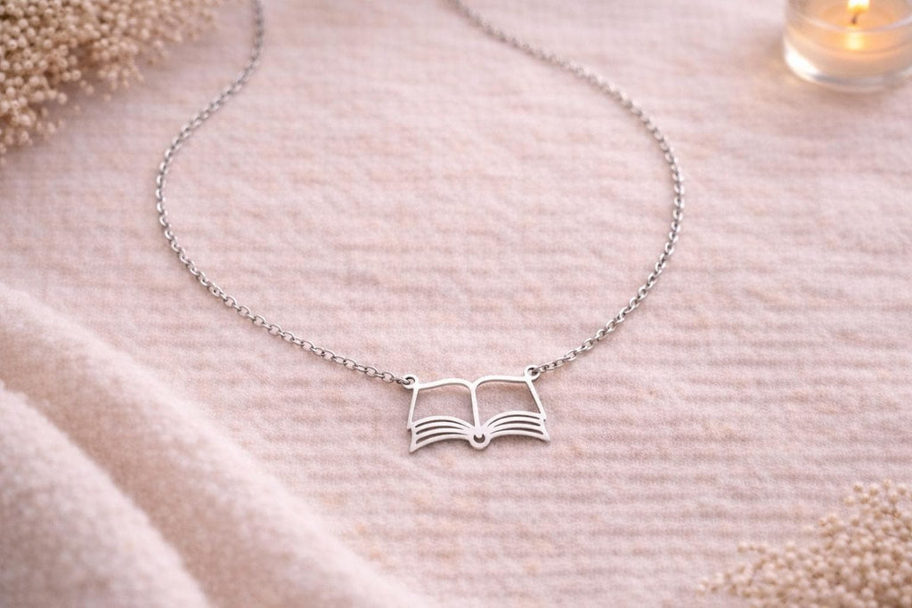 Stainless Steel Open Book Necklace  Book Lover Jewellery (Gold or Silver)