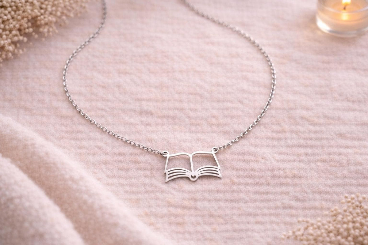 Stainless Steel Open Book Necklace  Book Lover Jewellery (Gold or Silver)