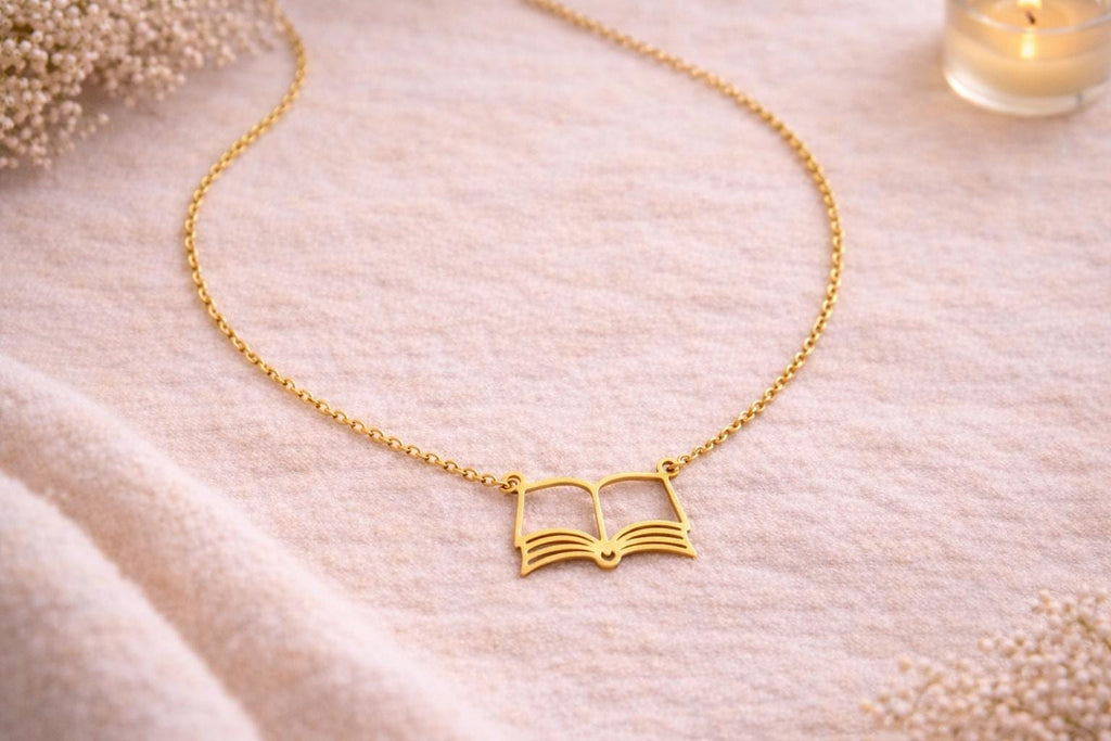 Stainless Steel Open Book Necklace  Book Lover Jewellery (Gold or Silver)