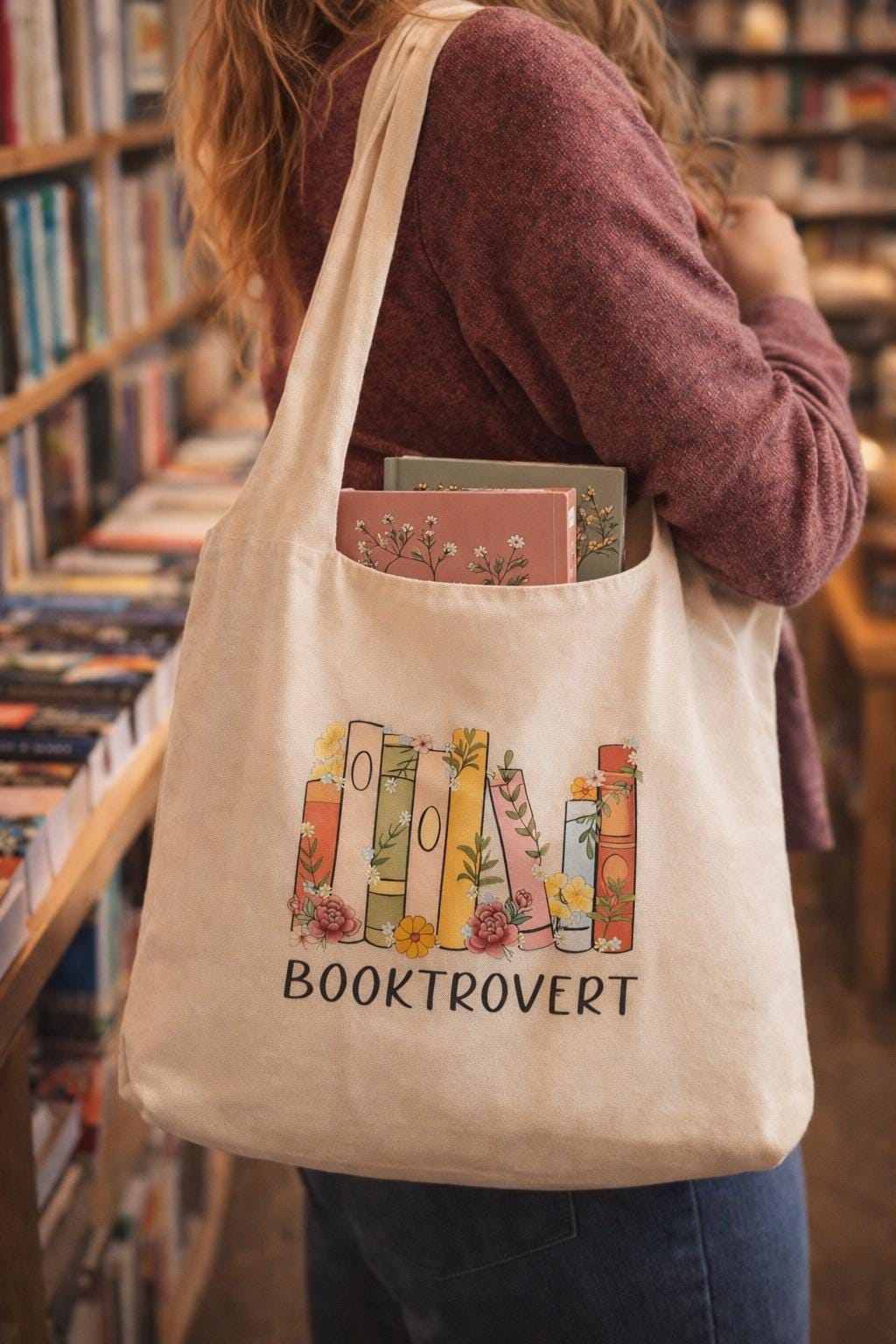 Booktrovert Tote Bag  Floral Bookshelf Book Lover Shopper Bag