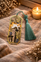 Cat & Bookshelf Gold Bookmark with Tassel