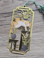 Cat & Bookshelf Gold Bookmark with Tassel