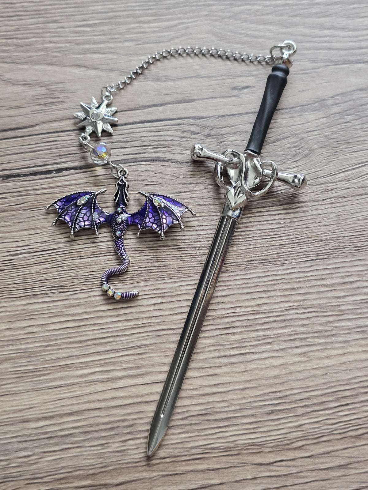 Sword & Dragon Bookmark  Fantasy Metal Bookmark with Charm