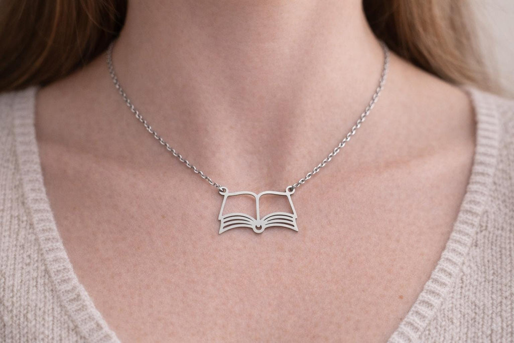Stainless Steel Open Book Necklace  Book Lover Jewellery (Gold or Silver)