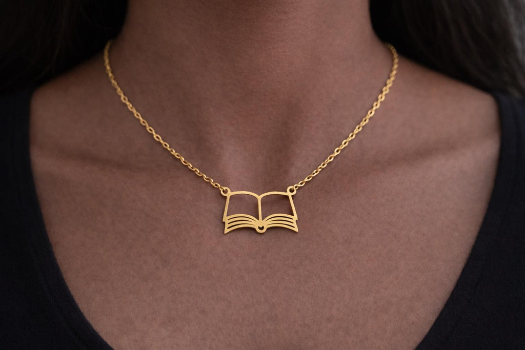 Stainless Steel Open Book Necklace  Book Lover Jewellery (Gold or Silver)