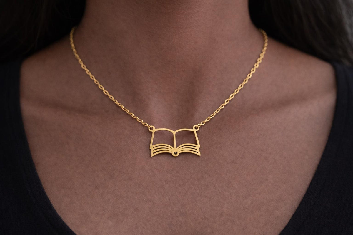 Stainless Steel Open Book Necklace  Book Lover Jewellery (Gold or Silver)