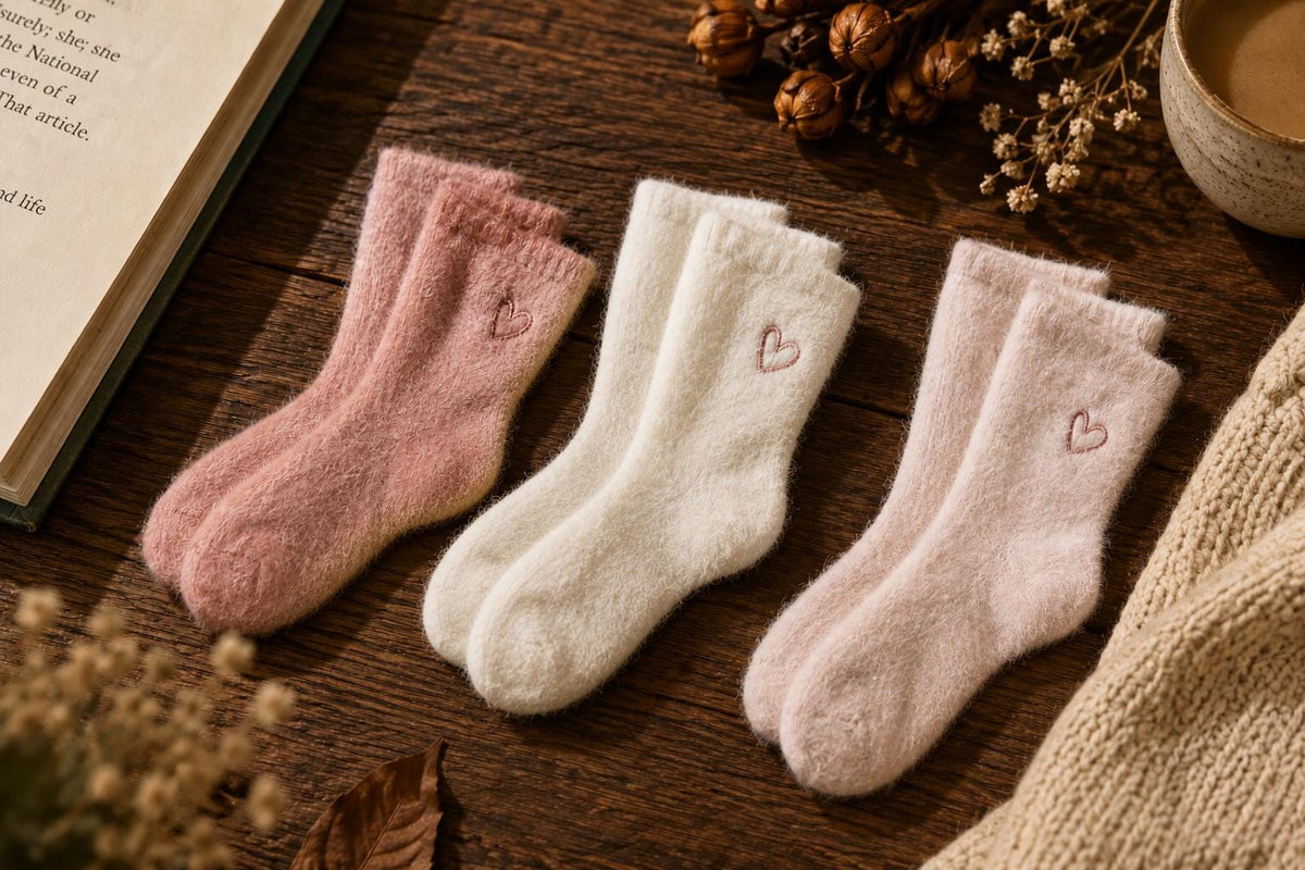1x Pair Fluffy Heart Socks | Cosy Pink & Cream Socks | Soft Lounge Socks | Cute Bookish Gift | Autumn Winter Cosy Socks