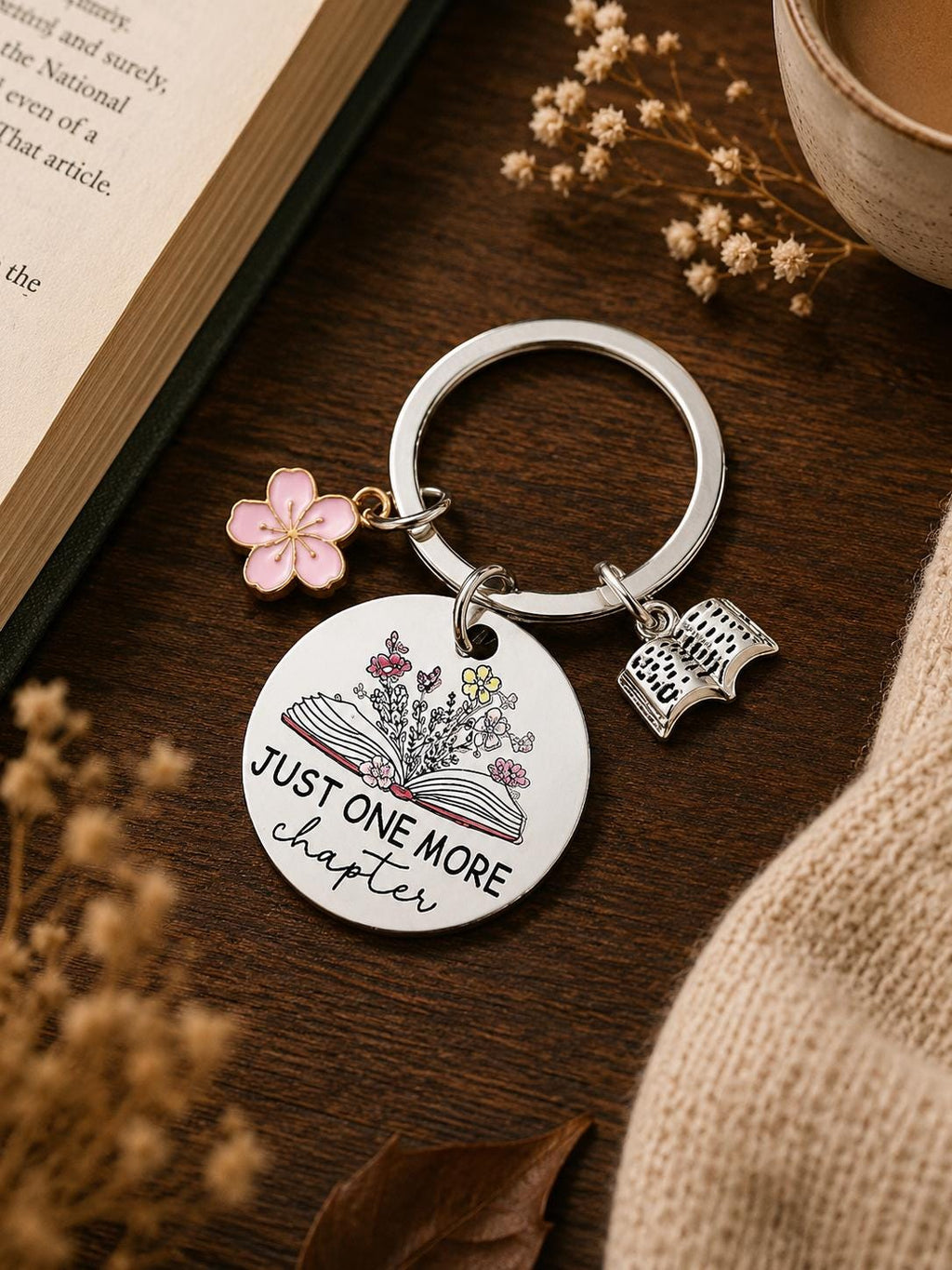 Just One More Chapter Book Lover Keyring | Floral Open Book Charm, Pink Blossom Accessory