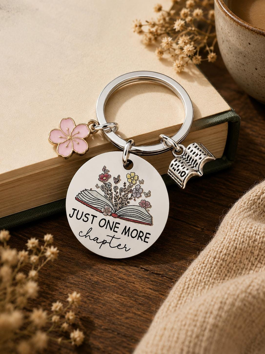 Just One More Chapter Book Lover Keyring | Floral Open Book Charm, Pink Blossom Accessory
