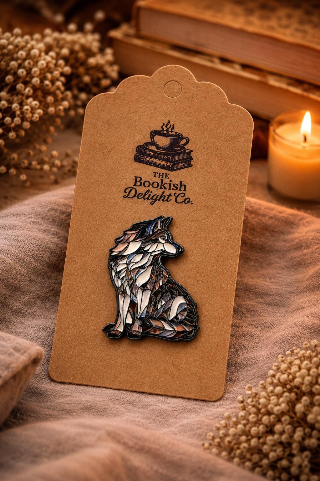 Stained Glass Wolf Enamel Pin | Woodland Fantasy Animal Badge, Bookish Accessory