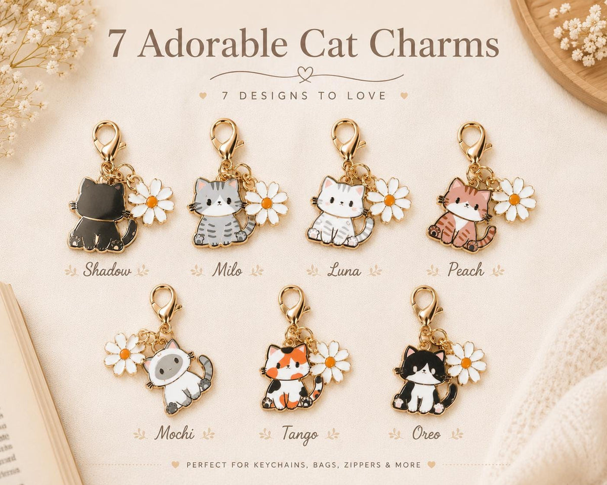 Enamel Cat Charms with Daisy  Kawaii Bag, Purse, Backpack Accessory