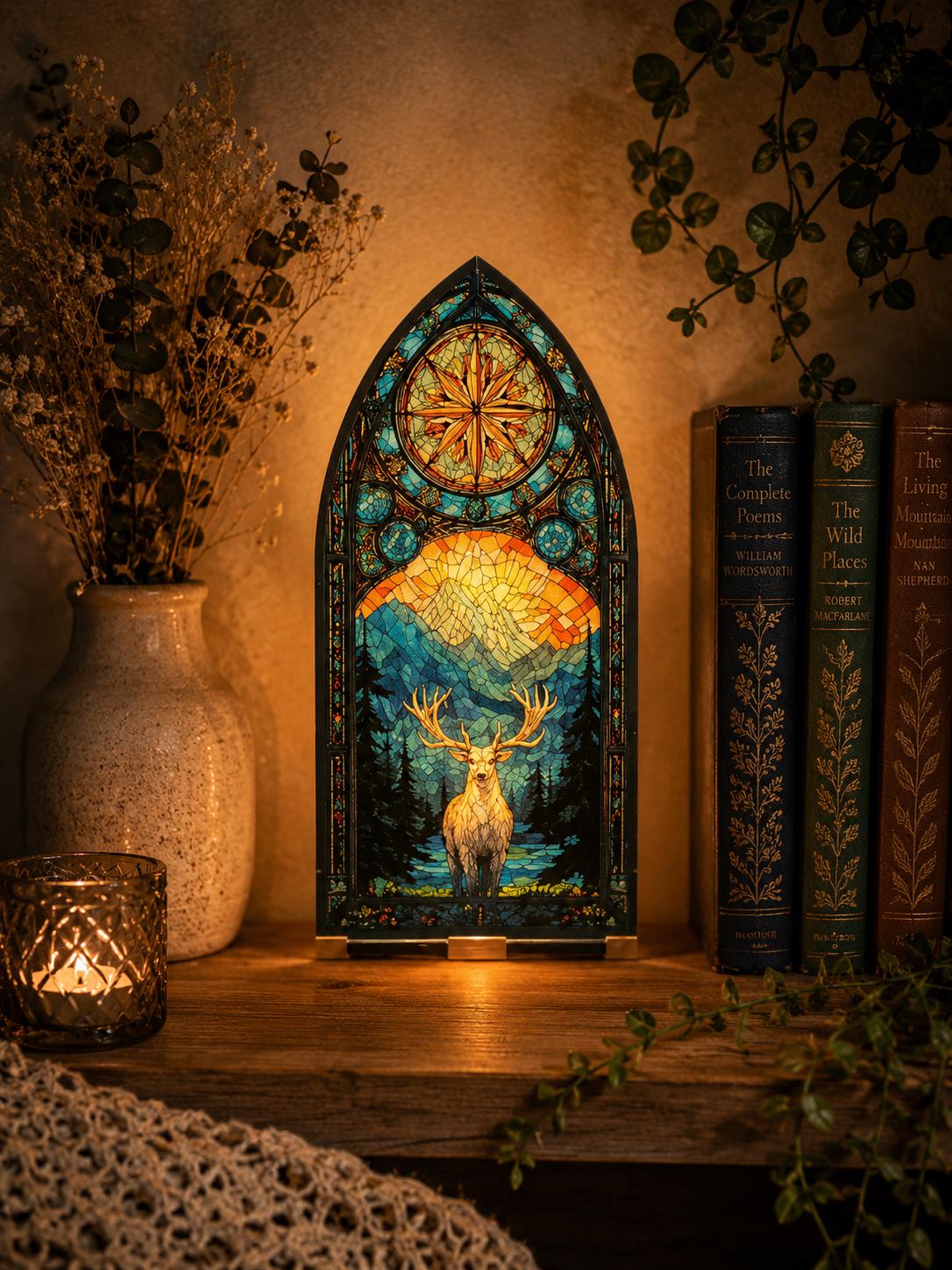 Woodland Stained Glass Effect Book Nook | Stag Mountain Arch Decor (LED Tealight Compatible)