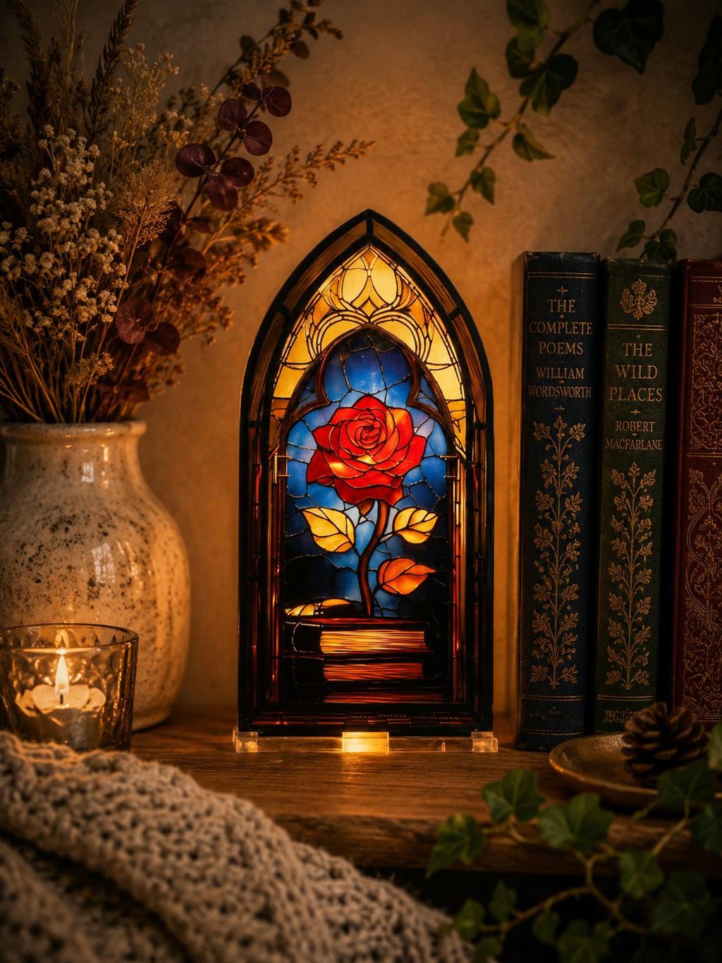 Rose Acrylic Stained Glass Book Nook | LED Tealight Bookshelf Decor | Book Lover Gift | Gothic Rose Window | Reading Nook Decoration