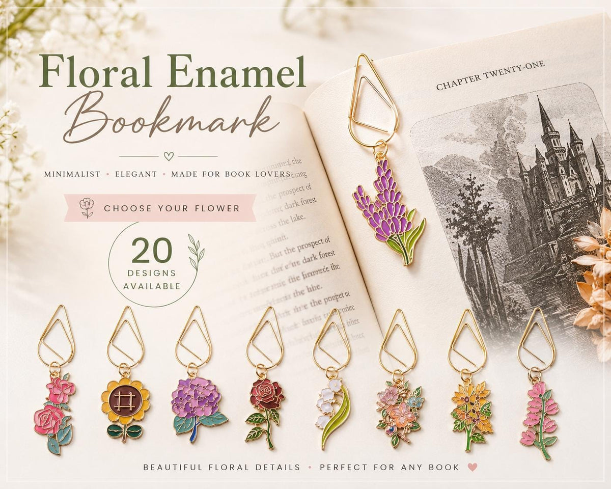 Floral Enamel Bookmark Clip  Gold-Tone Teardrop Page Marker