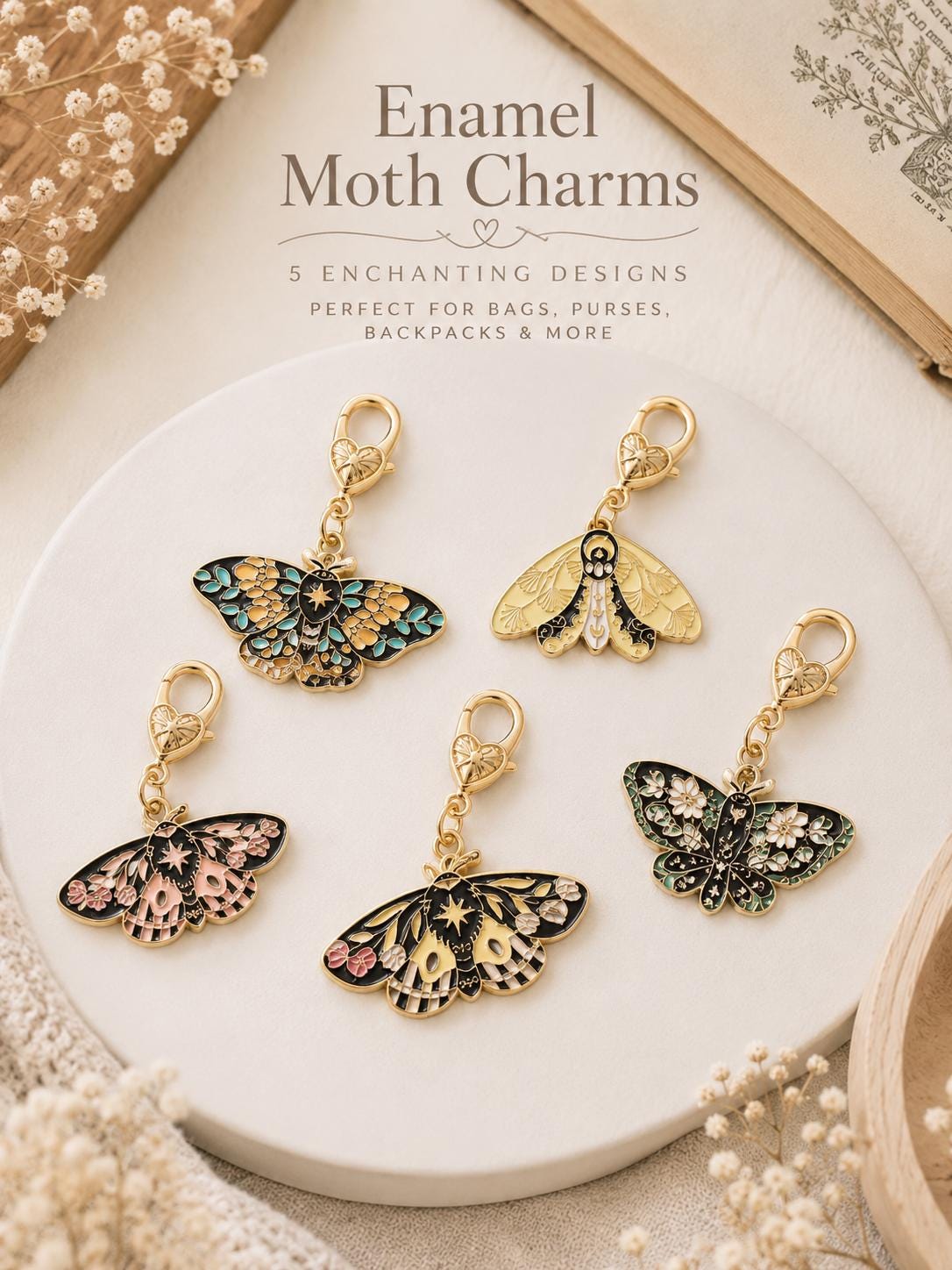 Enamel Moth Charm  Botanical Dark Academia Bag Accessory  Gold Tone Clasp