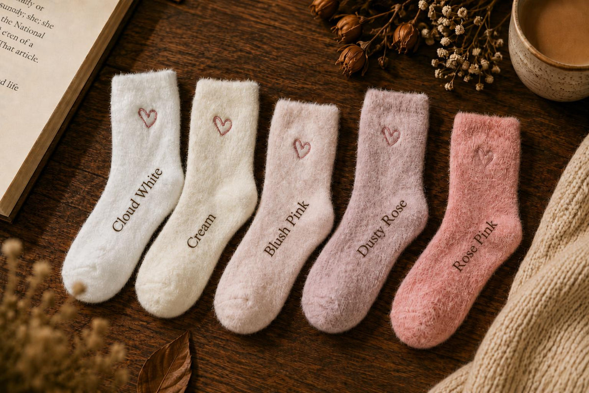 1x Pair Fluffy Heart Socks | Cosy Pink & Cream Socks | Soft Lounge Socks | Cute Bookish Gift | Autumn Winter Cosy Socks