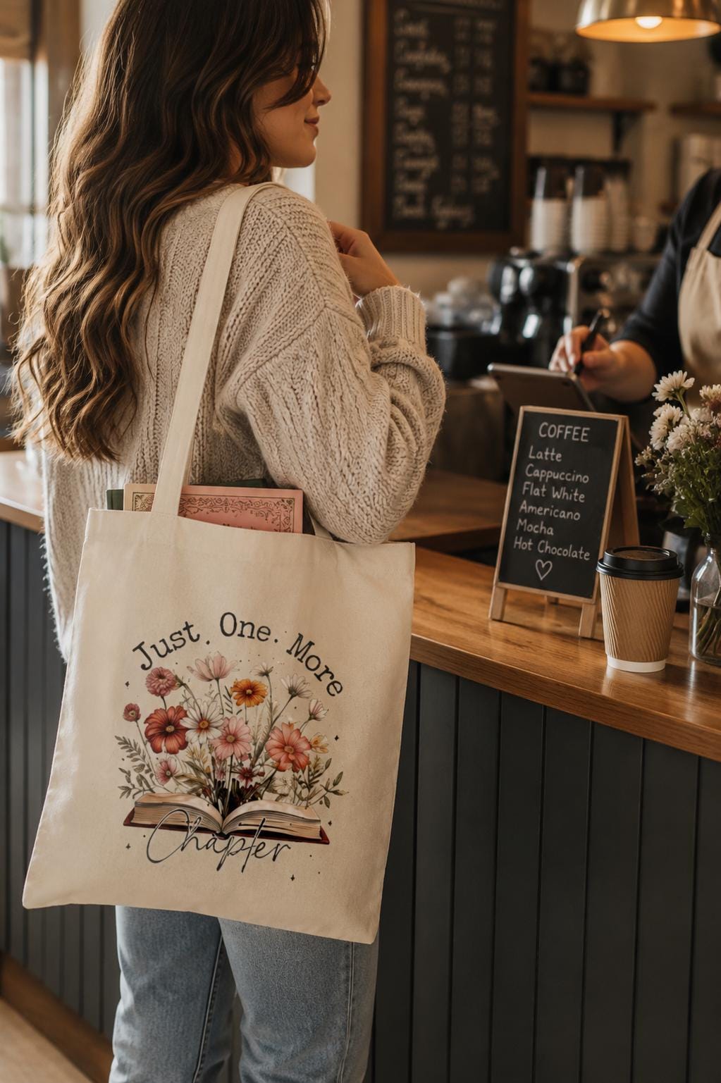Just One More Chapter  Floral Book Tote Bag | Reader Library Canvas Bag