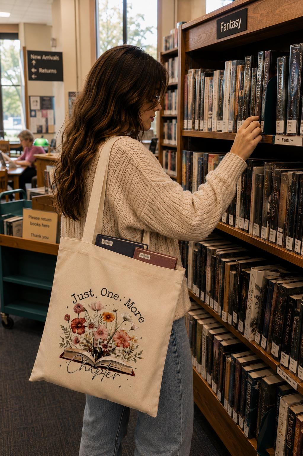 Just One More Chapter  Floral Book Tote Bag | Reader Library Canvas Bag
