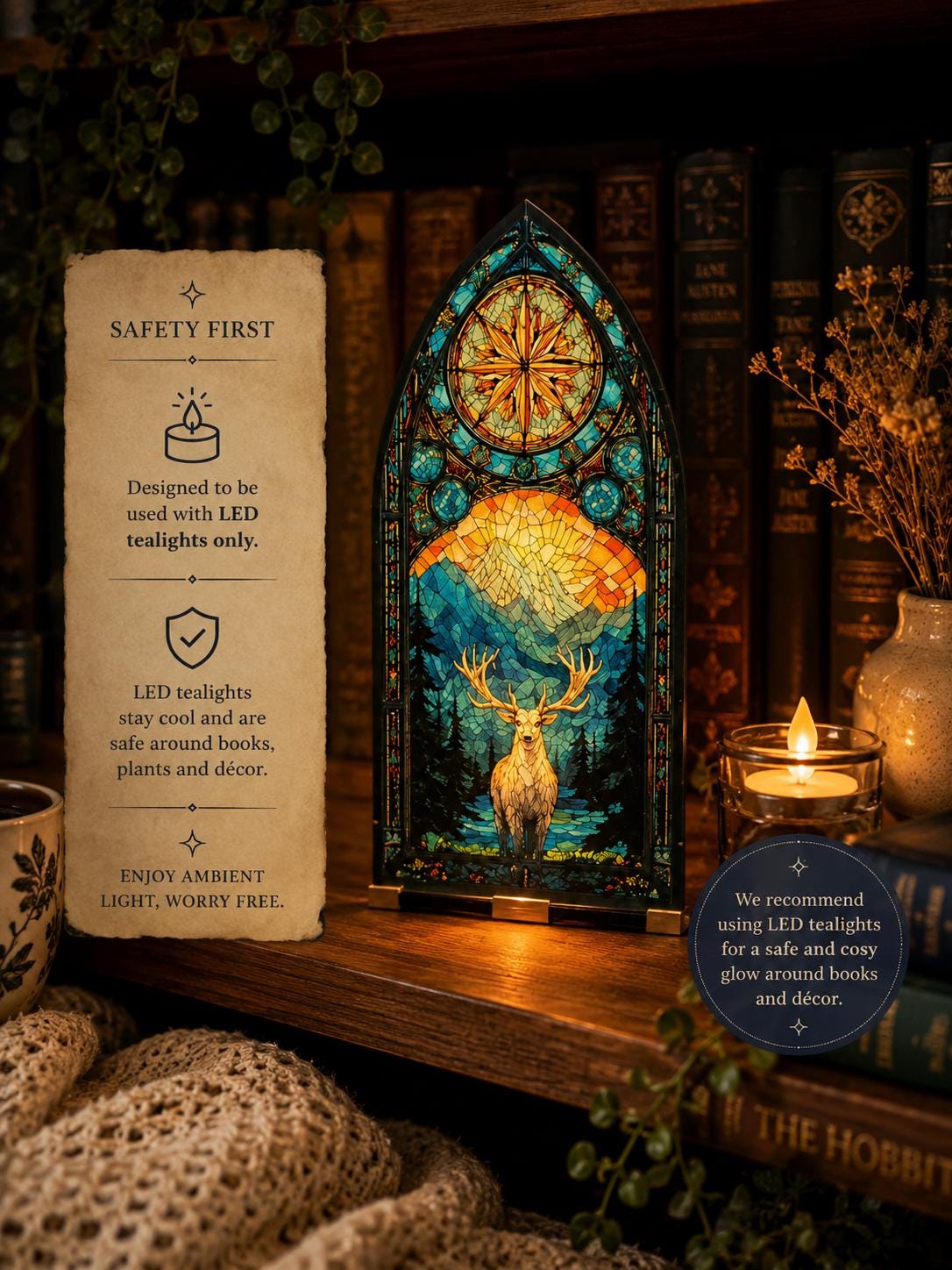 Woodland Stained Glass Effect Book Nook | Stag Mountain Arch Decor (LED Tealight Compatible)
