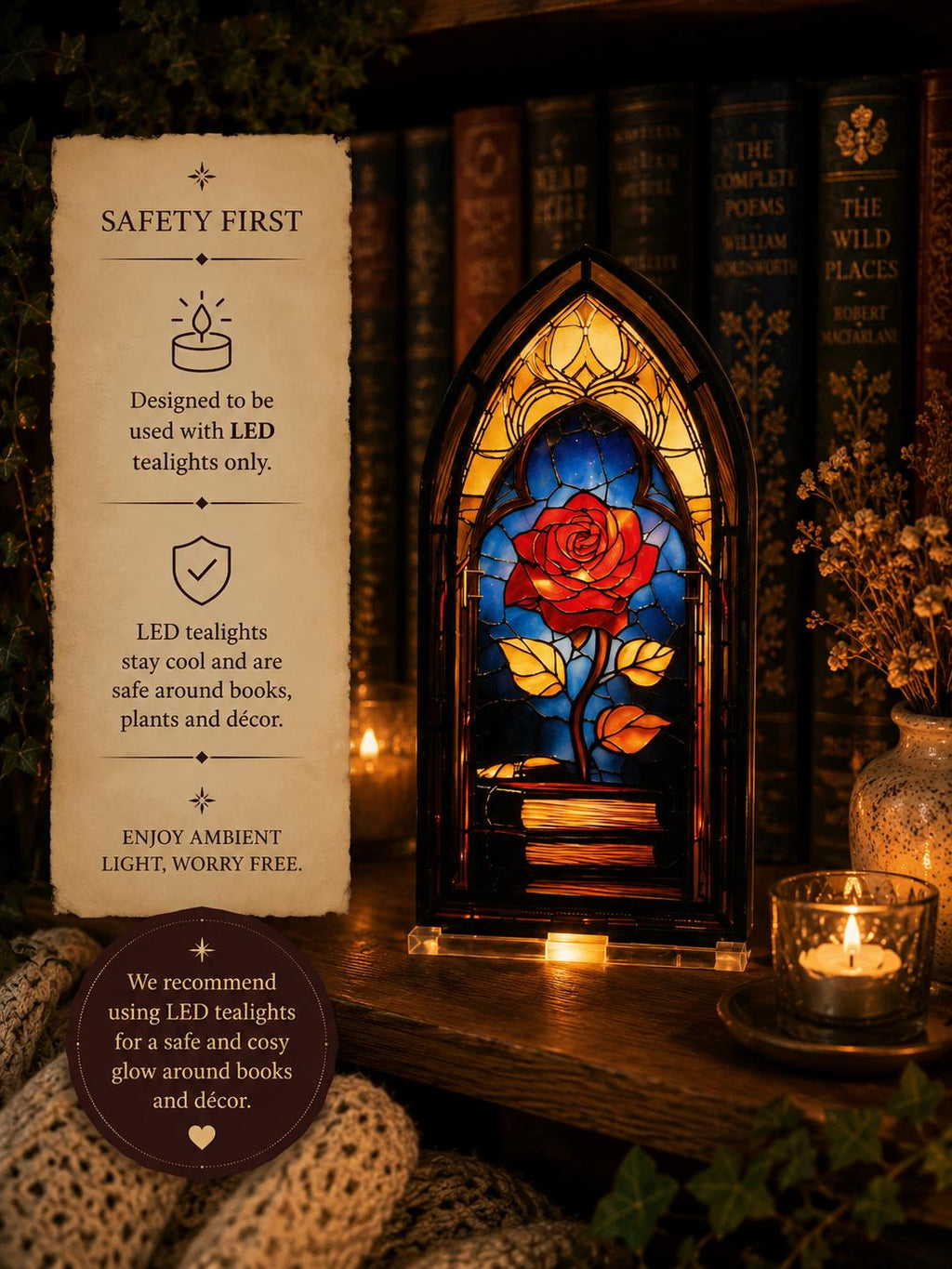 Rose Acrylic Stained Glass Book Nook | LED Tealight Bookshelf Decor | Book Lover Gift | Gothic Rose Window | Reading Nook Decoration