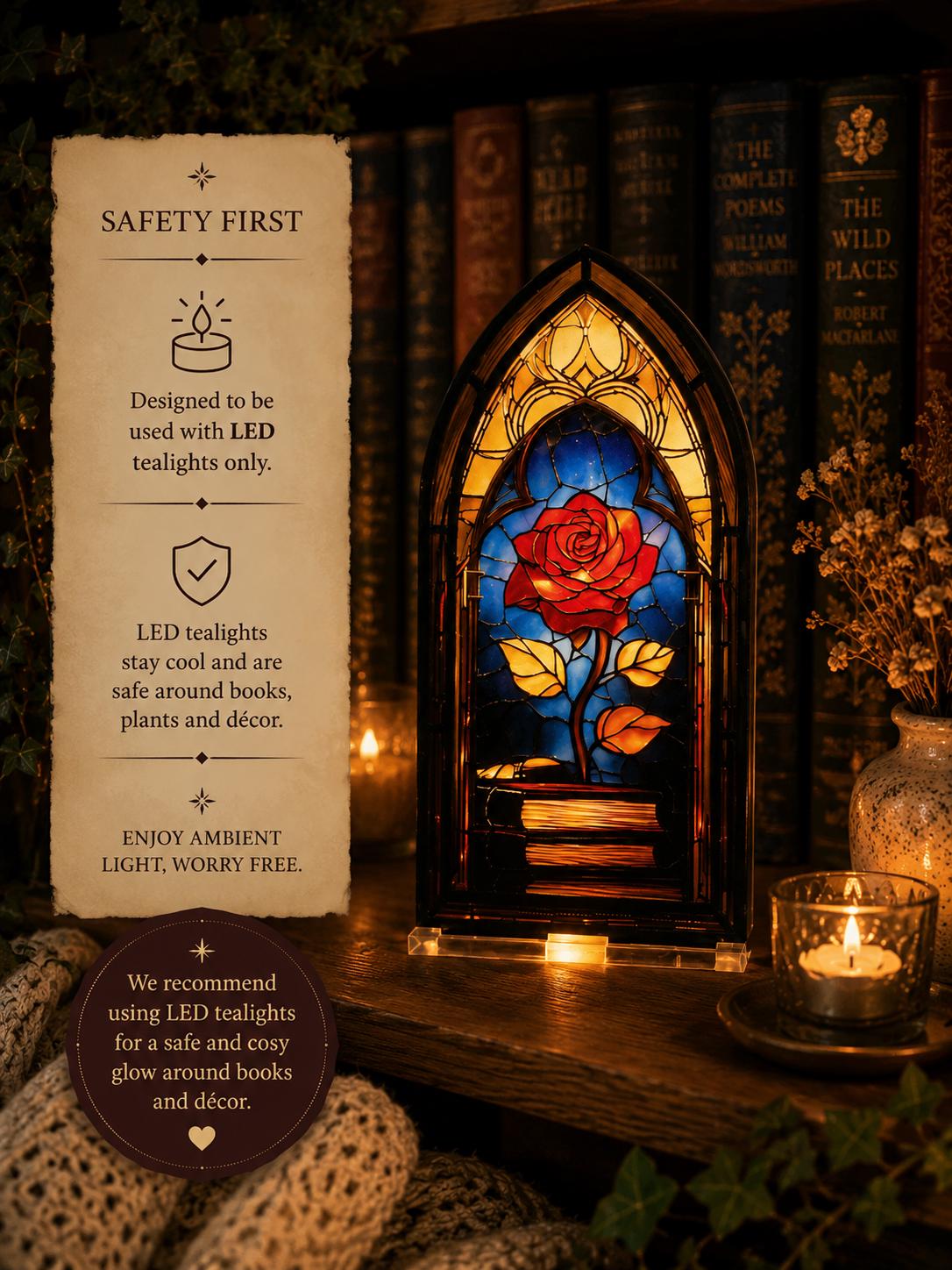 Rose Acrylic Stained Glass Book Nook | LED Tealight Bookshelf Decor | Book Lover Gift | Gothic Rose Window | Reading Nook Decoration