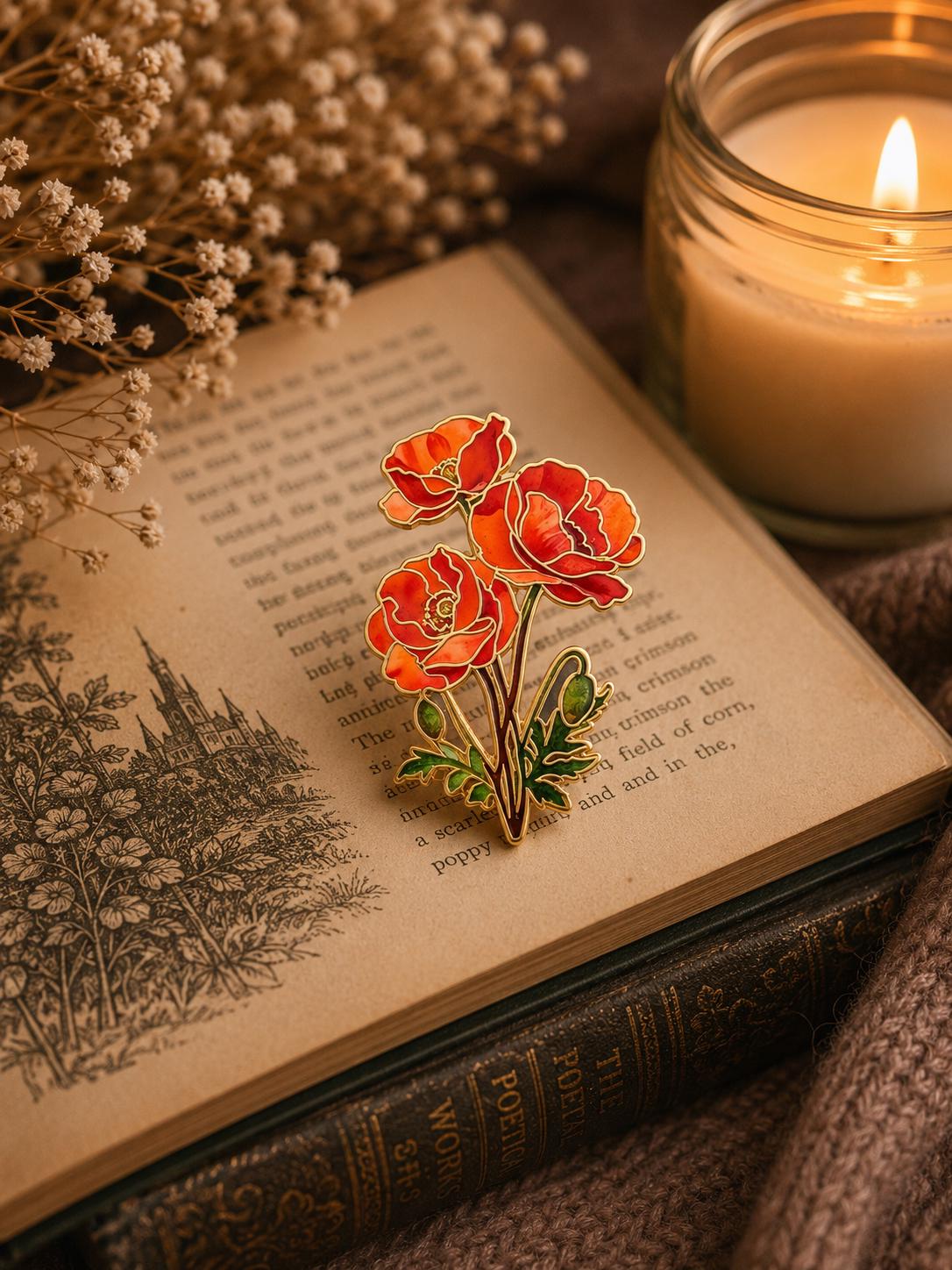 Red Poppy Enamel Pin | Gold Detail Floral Badge, Botanical Gift Accessory