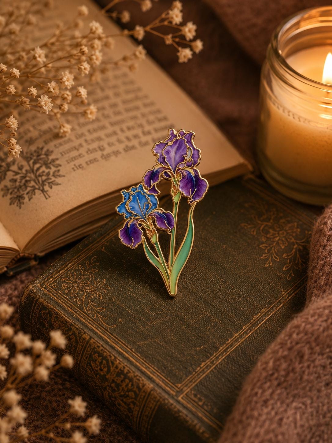 Purple Iris Enamel Pin | Gold Floral Brooch | Botanical Cottagecore Accessory