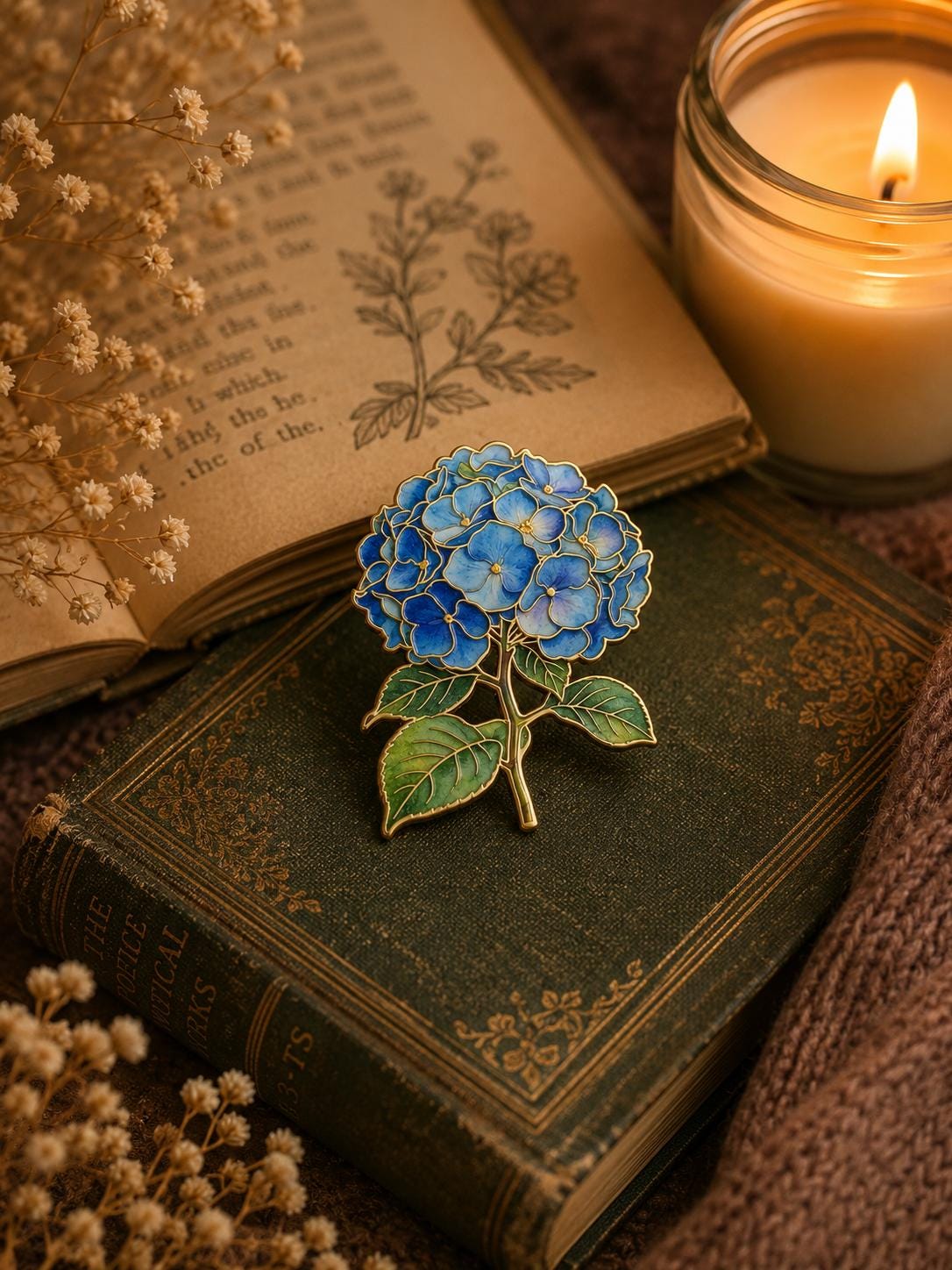 Blue or Pink Hydrangea Enamel Pin | Gold Detail Botanical Brooch, Cottagecore Accessory