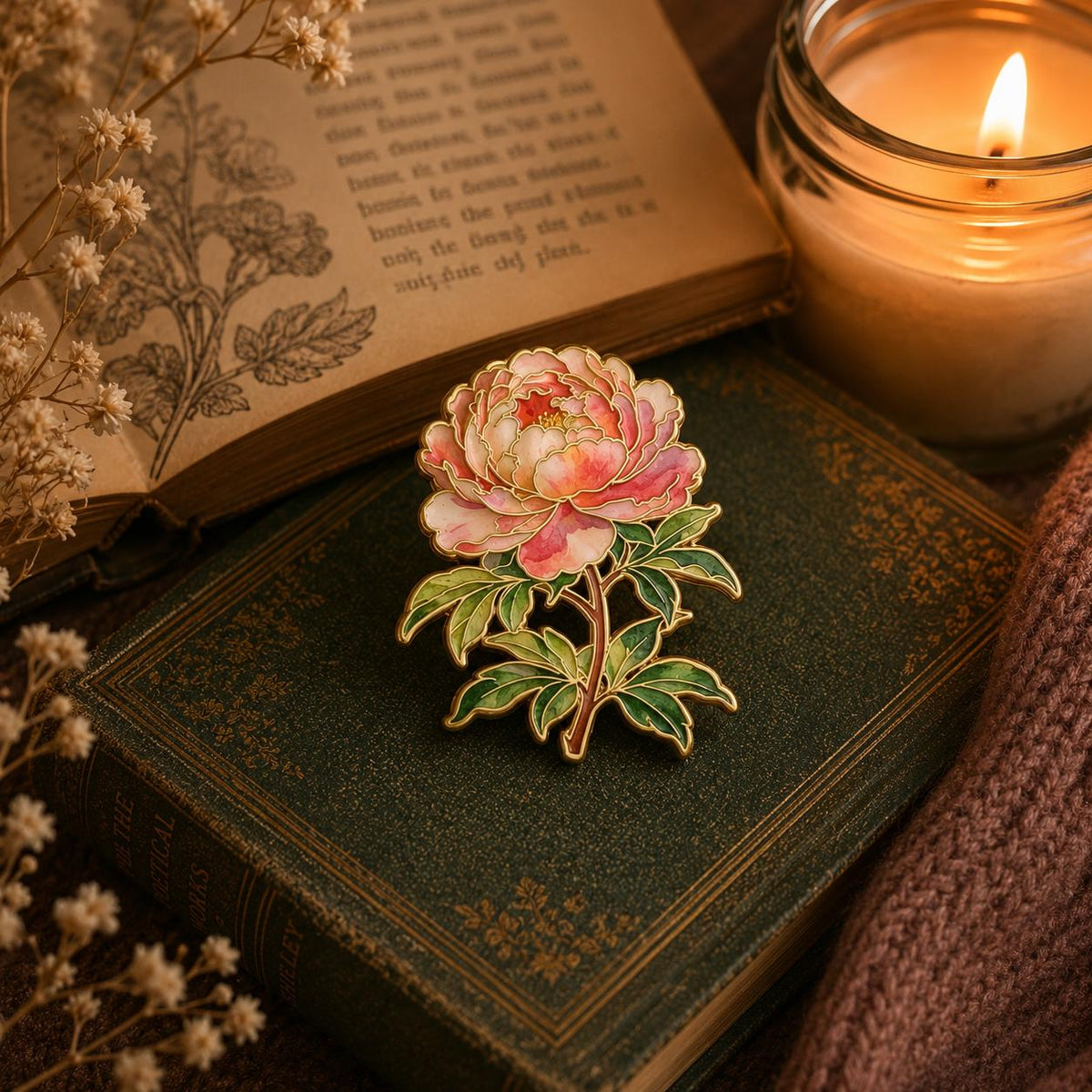 Peony Enamel Pin | Botanical Flower Brooch, Gold Detailing, Cottagecore Accessory