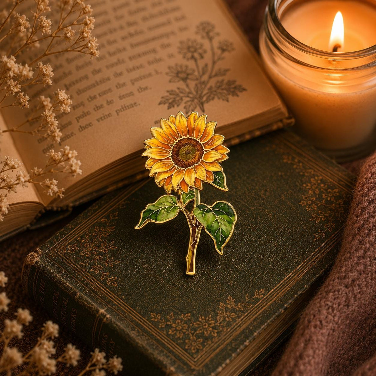 Sunflower Enamel Pin | Botanical Flower Brooch | Gold Tone Metal, Hard Enamel
