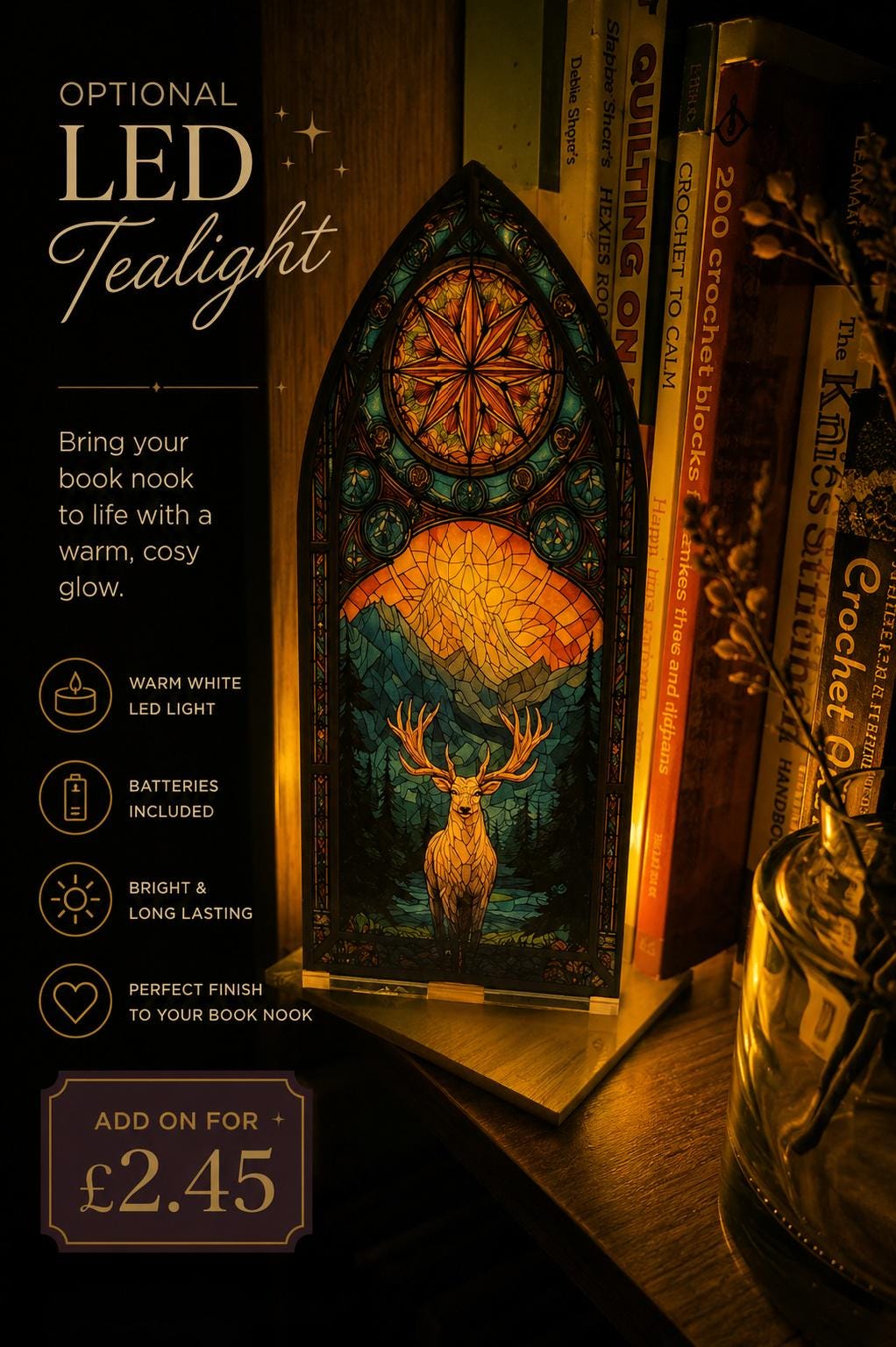 Woodland Stained Glass Effect Book Nook | Stag Mountain Arch Decor (LED Tealight Compatible)