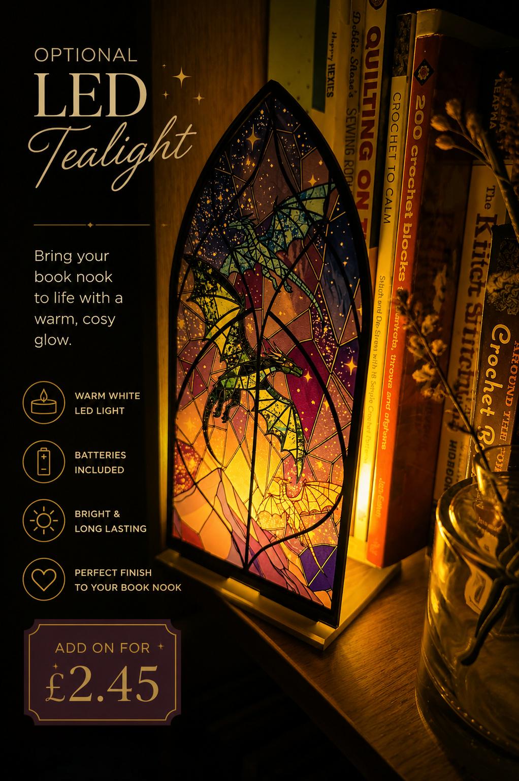 Fantasy Dragon Stained Glass Effect Book Nook | Acrylic Bookshelf Decor | Gothic Shelf Insert | Cosy Book Lover Gift | For LED Tealights