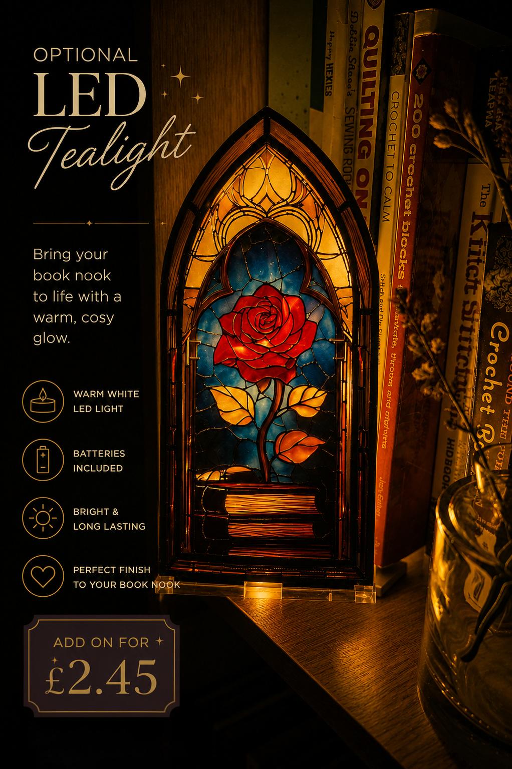 Rose Acrylic Stained Glass Book Nook | LED Tealight Bookshelf Decor | Book Lover Gift | Gothic Rose Window | Reading Nook Decoration